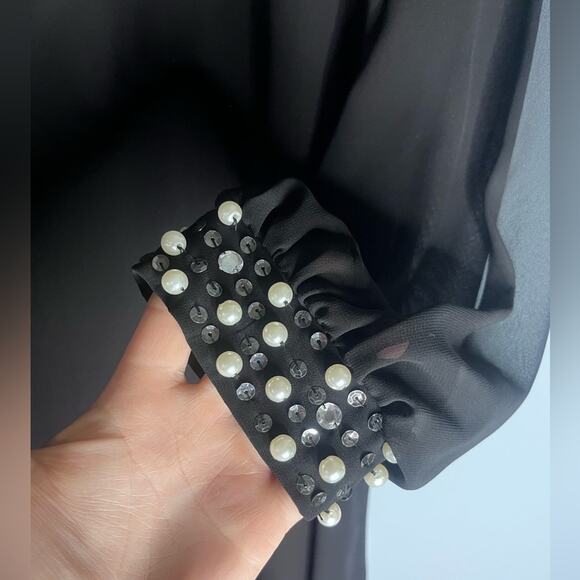 SLNY Pearl Trim Sheer Sleeve Shift Dress 18 Flowy Ladylike Feminine Whimsy - Picture 6 of 7